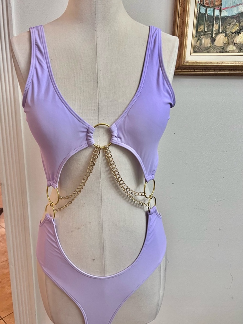Woman Lilac Chain Cutout One-Piece Swimsuit
